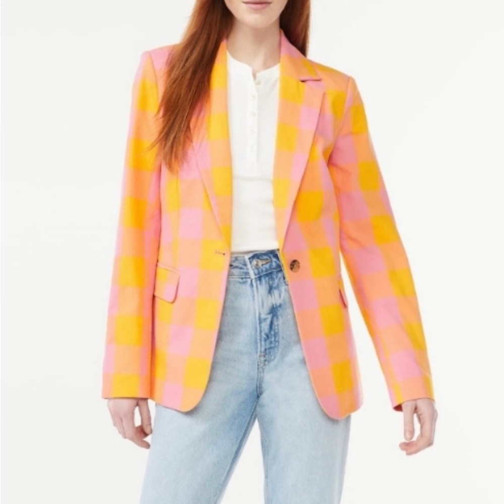 Free Assembly Pink & Yellow Checked Blazer